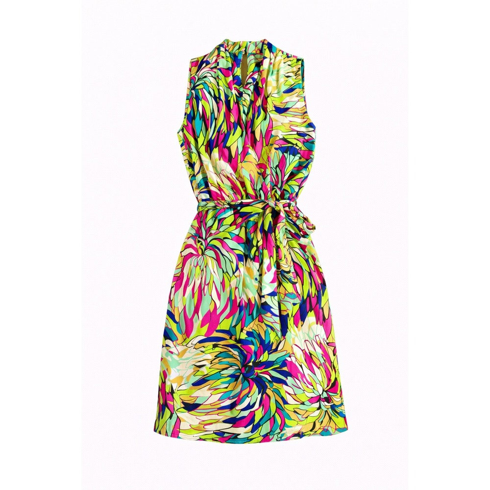 MSK Sleeveless Tie Waist Midi Dress‎ Women Size 6 Abstract Print Keyhole